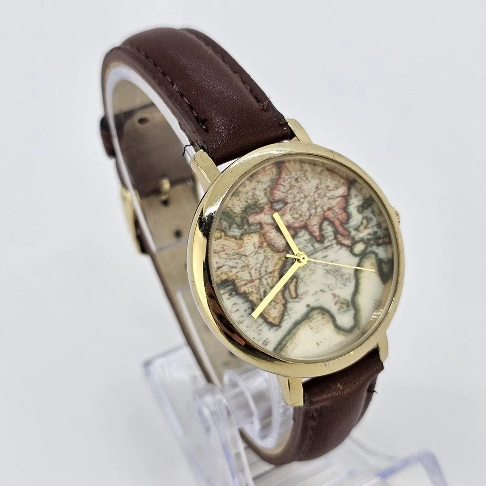 Women's World Map Watch 36MM Multicolor Dial Brown Leather Bands NEW Battery